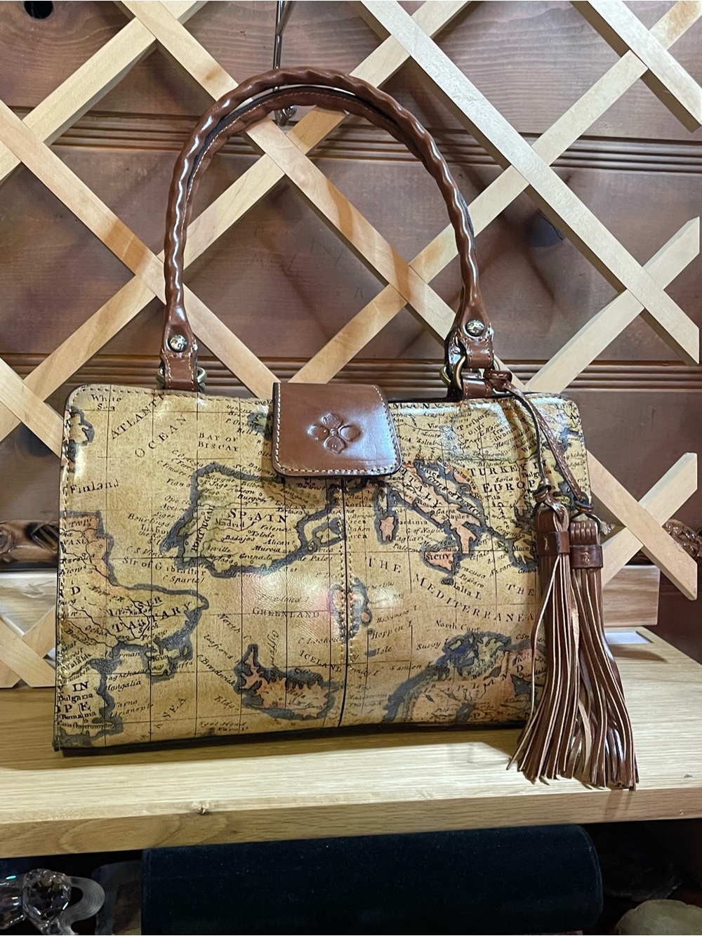 EUC Patricia Nash VTG Leather World Map Satchel Handbag Embossed Leather Tassels
